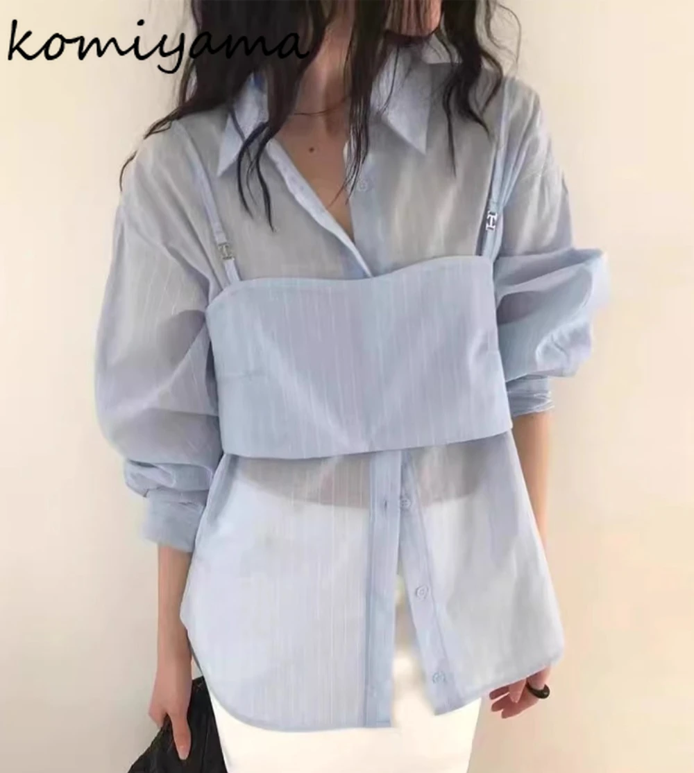 

Sun Protection2025 Woman Shirts & Blouses Back Lace-up Ropa De Mujer Laple Neck Long Sleeve Blusas Clothing Camisas with Tank