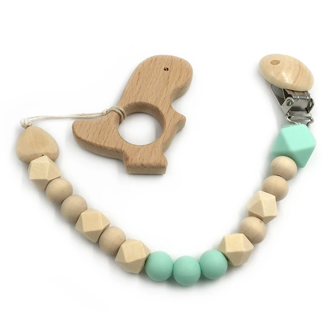 ABCPICK 2pc Organic Wooden Animal Grasping Toy Silicone Bead Toddler DIY Pacifier Chain Jewelry Making Handmade Accessories