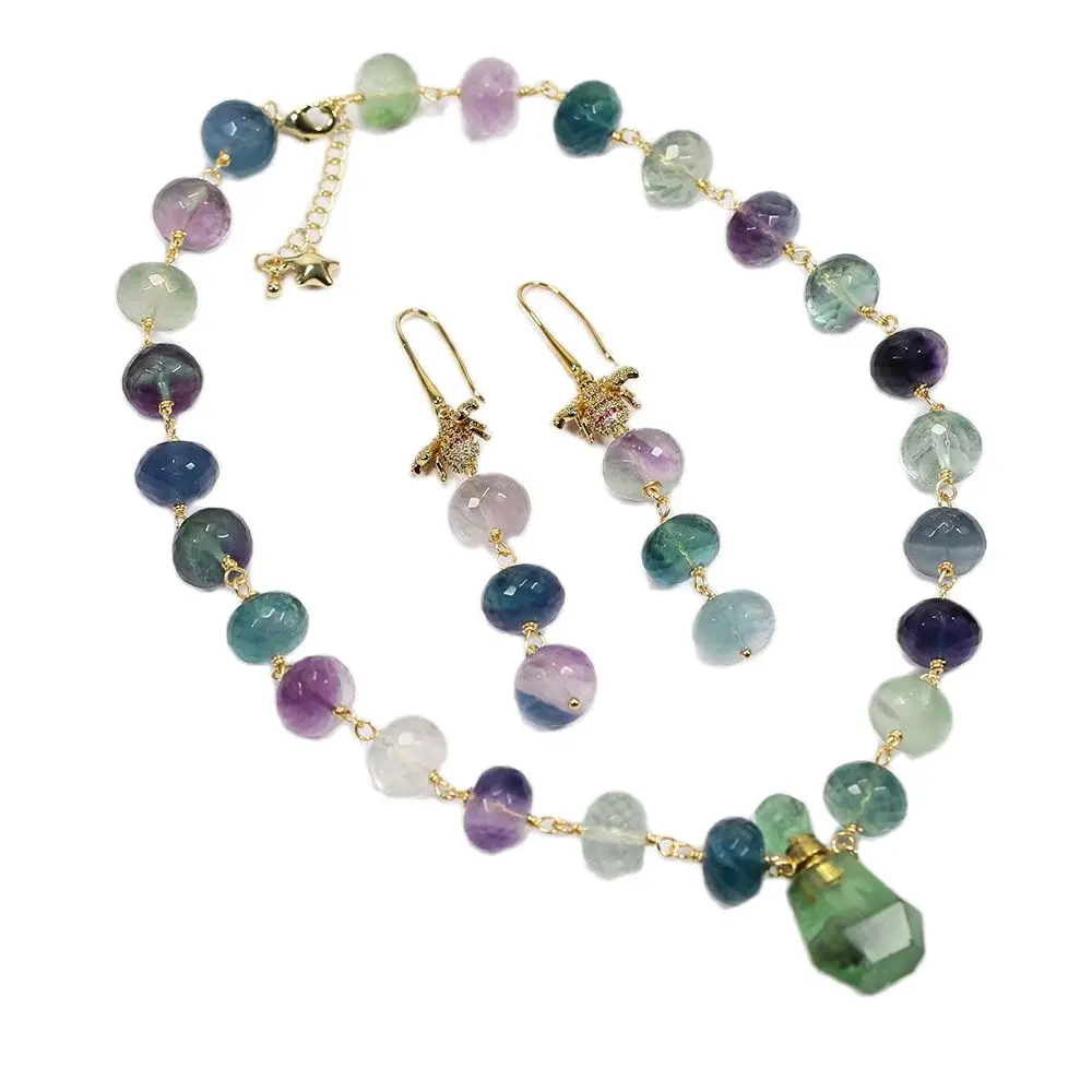 GuaiGuai Jewelry Mix Color Faceted Rondelle Fluorites Real Gems Chain Necklace Pendant Earrings Sets Handmade Women Gifts