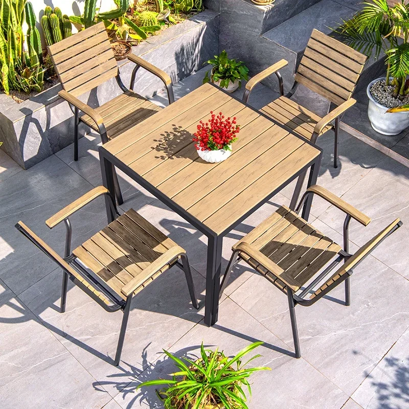 

Wholesale Customized teak color outdoor patio furniture set antirust outside table garden tables and chairs