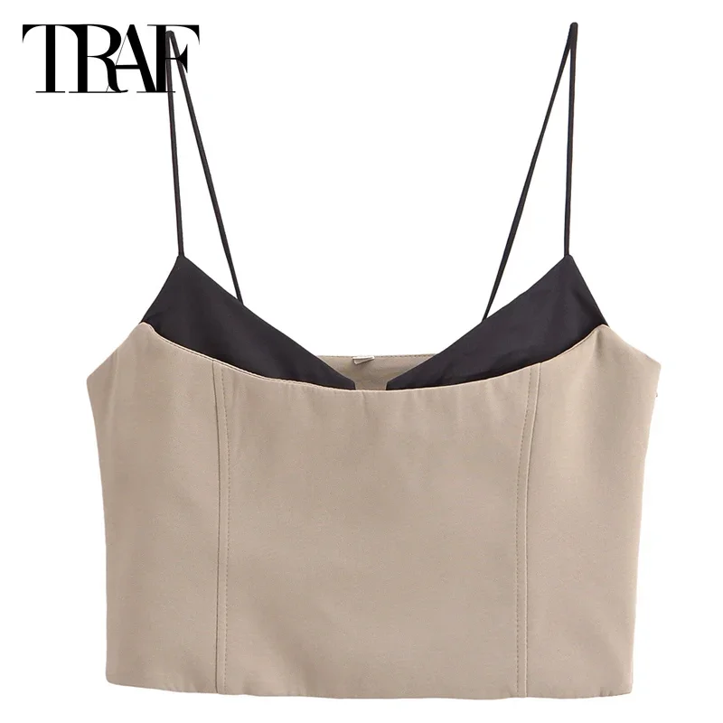 TRAF Woman Corset Sleeveless Backless Tops With Straps Crop Patchwork Top Summer 2024 Sexy Camisole Top Elegant Casual Tube Tops