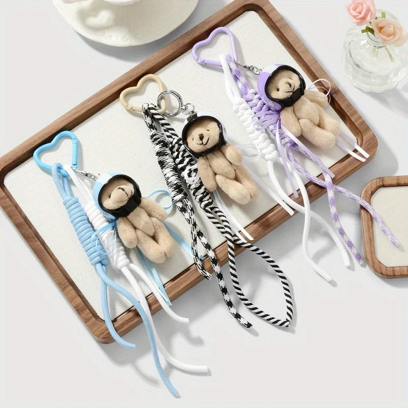 

Fashionable Generous Creative Cute Style Ribbon Bow Plush Motorcycle Helmet Teddy Bear Woven Rope Keychain Bag Pendant