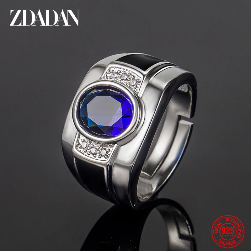 

ZDADAN 925 Sterling Silver Blue Crystal Adjustable Rings For Men Fashion Jewelry