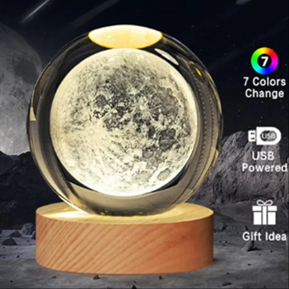 銀河と惑星の投影が楽しめるユニークな3Dクリスタルボールランプ、USB 7色ナイトライトで心地よい雰囲気を演出するプラズマボール