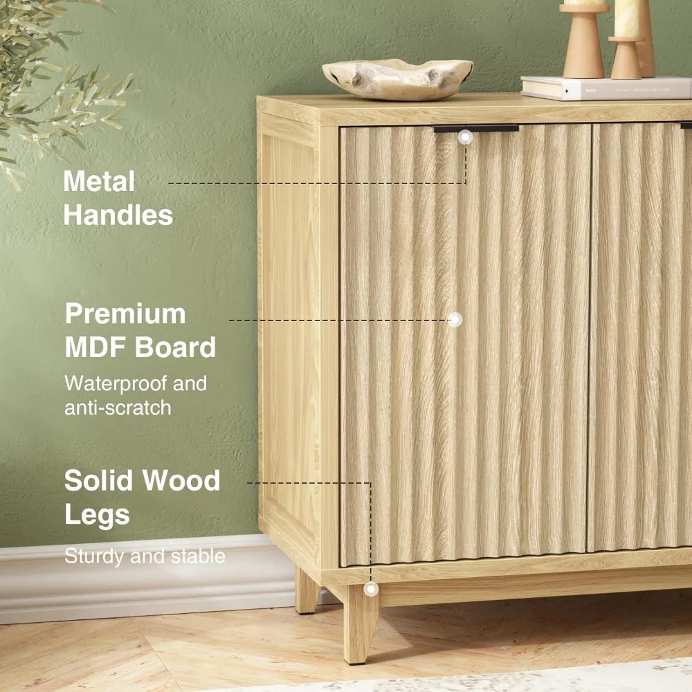 خزانة مخددة مع مساحة تخزين، بوفيه خزانة جانبية ببابين، خزانة حديثة من منتصف القرن مع أرفف قابلة للتعديل، متعددة الوظائف #4