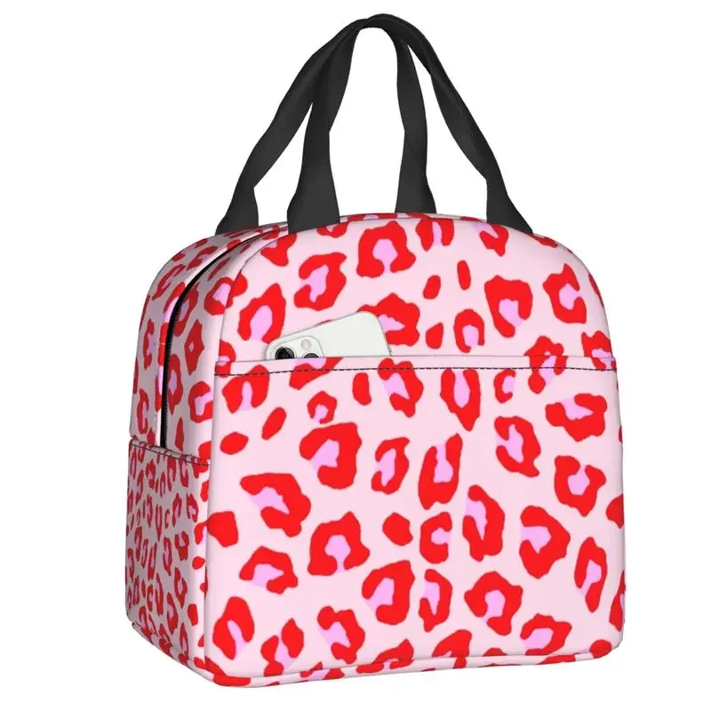 Leopard Print Red And Pink Insulated Lunch Bag Women Waterproof Animal Fur Skin Cooler Thermal Bento Box Kids School Children