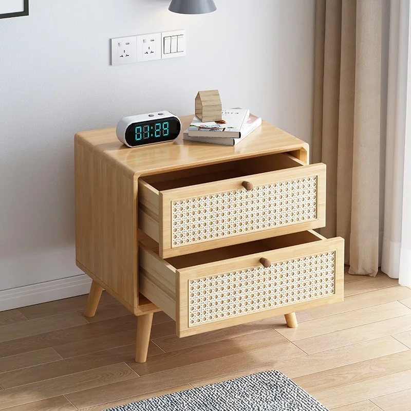Solid Wood Rattan Bedside Cabinet Simple   Storage   For Bedroom