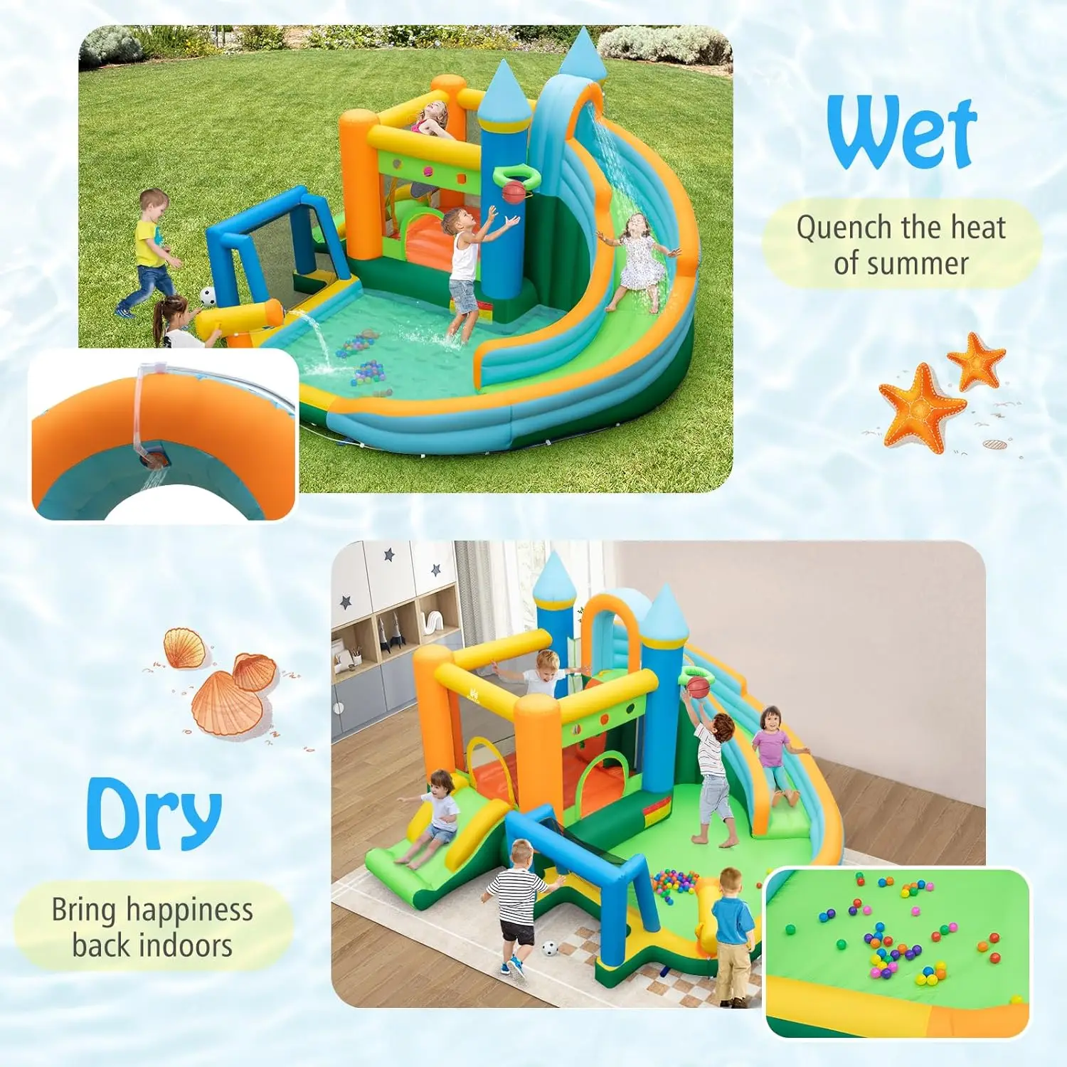 Nadmuchiwana zjeżdżalnia wodna, 9 w 1 Park wodny Bounce House Combo do zabawy na świeżym powietrzu w/680w dmuchawa, basen plusk, ścianka wspinaczkowa, Blo