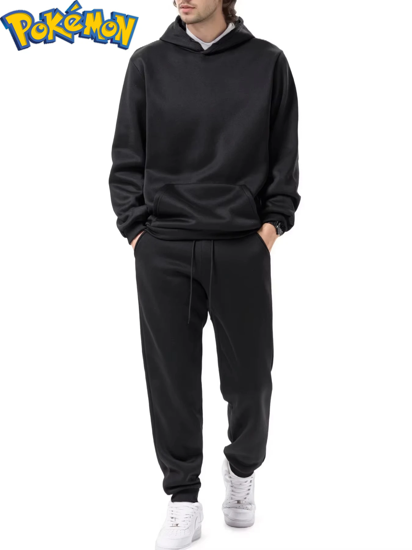 Conjunto de moletom com capuz Pokémon de algodão preto e calças Harajuku com estampa traseira Gengar roxo fantasma design olhos vermelhos e detalhes de língua