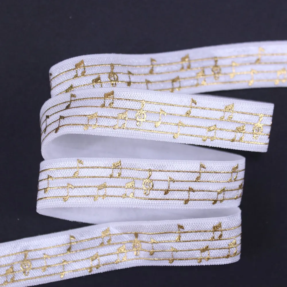 Gold Foil Music Note Score FOE Fold Over Elastic 50 Yards/Lot for Hair Bows Bracelet Craft Custom Design Welcome