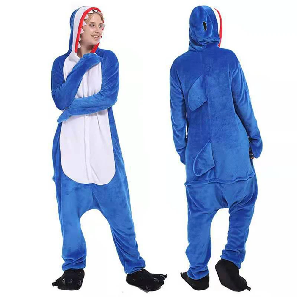 Pijama de tubarão cinza unissexo para adultos, Kigurumi Onesie, flanela macia, desenhos animados, fantasias de Halloween, festa familiar, macacões, homens e mulheres