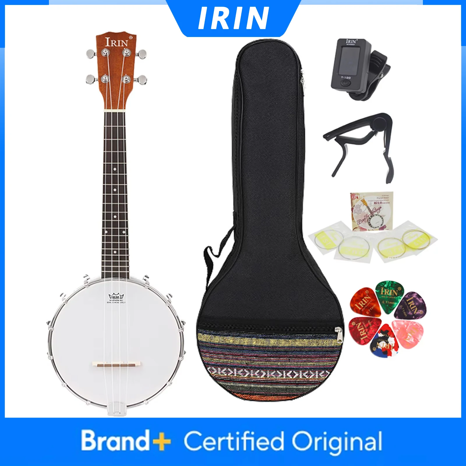 

Банджо IRIN, 4 струны, корпус из сапеле, гриф из палисандра, профессиональное банджо с чехлом, тюнером, медиаторами, запчастями и аксессуарами