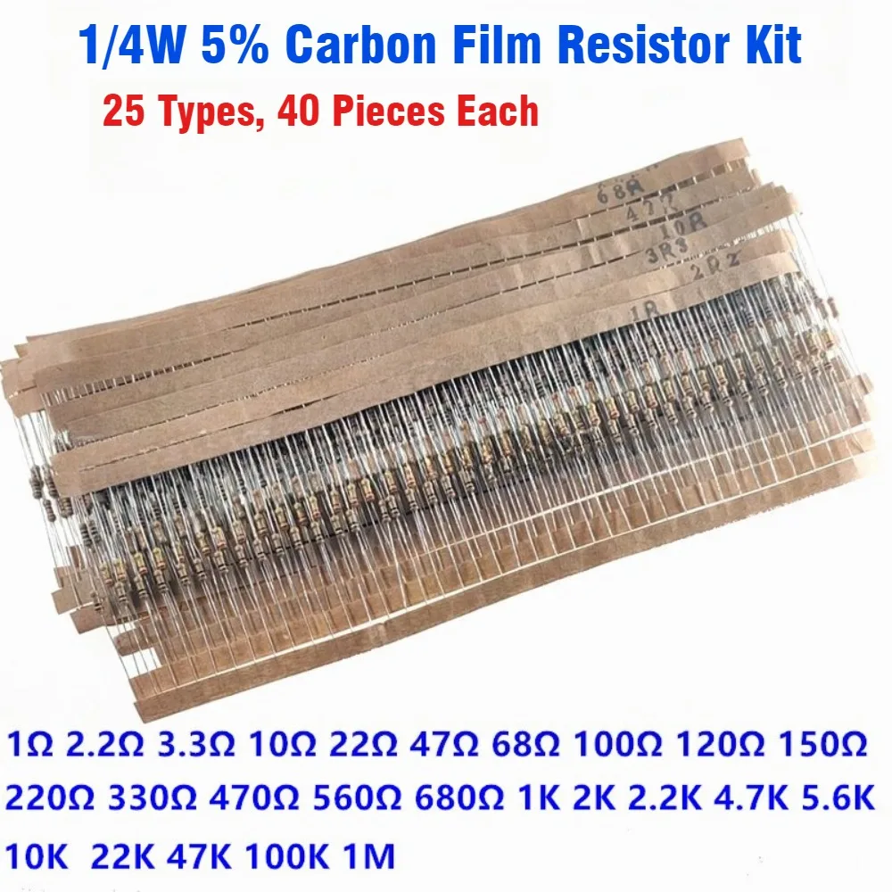 

Carbon Film Resistor 1000Pcs 1/4W 5 25 Values 1R to 1M Ohm Assorted Kit for Arduino Electronics Repair Circuit Experiment