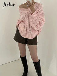 Jielur Autumn Winter New Chic Knitted Pullovers Woman Loose Retro Fashion Pullovers Casual Grey Pink Apricot Light Green Sweater