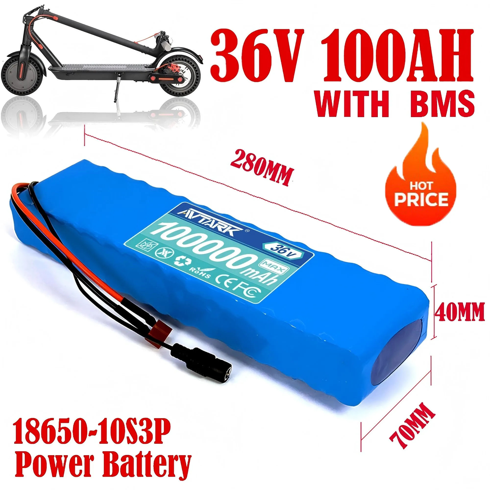 

NEW 36V 100Ah 18650 Rechargeable Lithium Battery Pack 10S3P 500W High Power Modified Bicycle Scooter Electric Vehicle with BMS