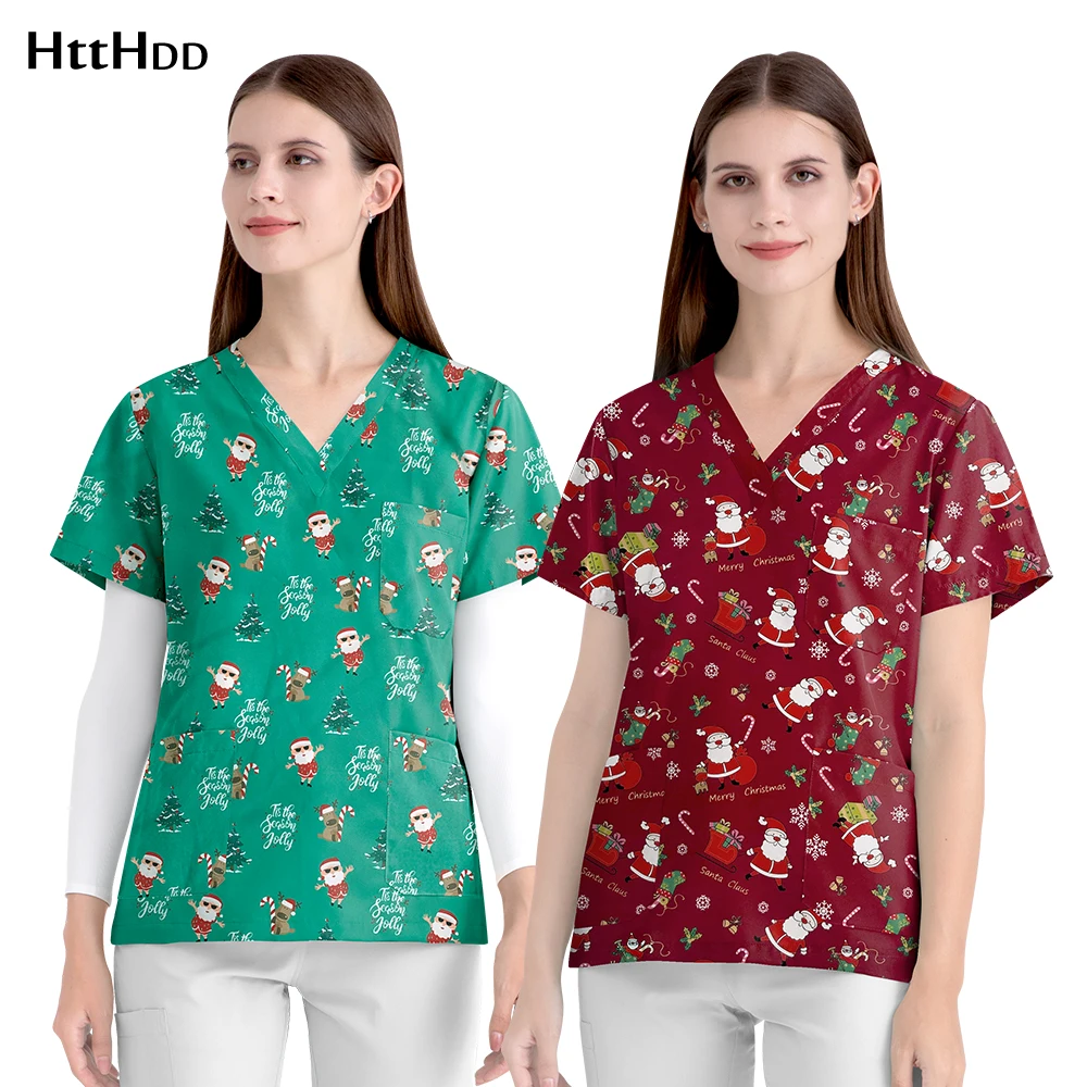 

Clinical Uniform Woman Printed Top Fashion Surgical Uniforms Medical Nurse Work Wear Men Christmas Printed Tops Unisex Wholesale