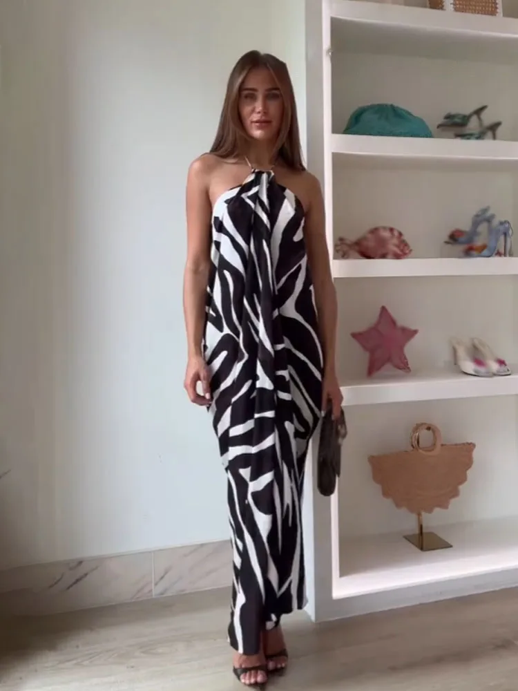 

HH 2025 женские летние новые модные шикарные платья с принтом без рукавов и открытой спины на шнуровке с украшением женское элегантное длинное платье