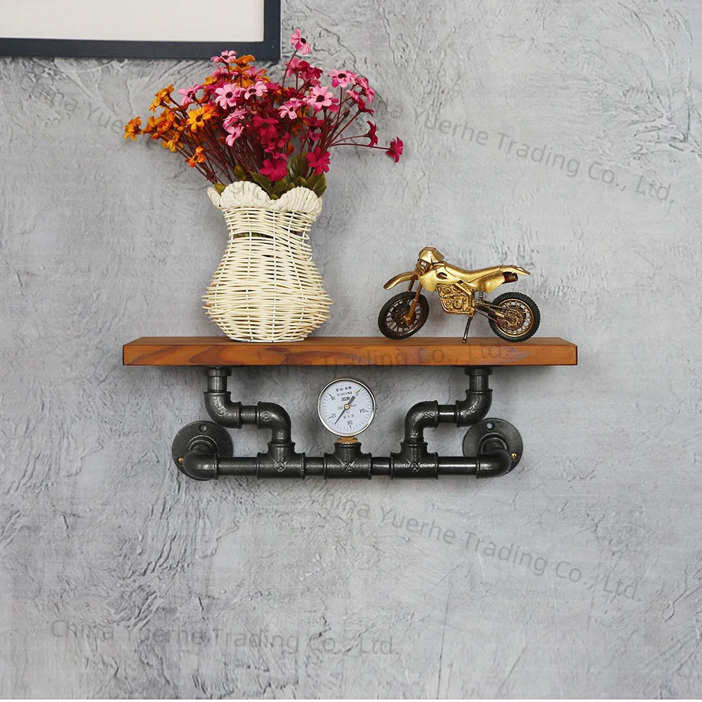 

Retro water pipe rack, solid wood rack, industrial style bookshelf, wall flower pot rack, wrought iron wall solid wood shelf