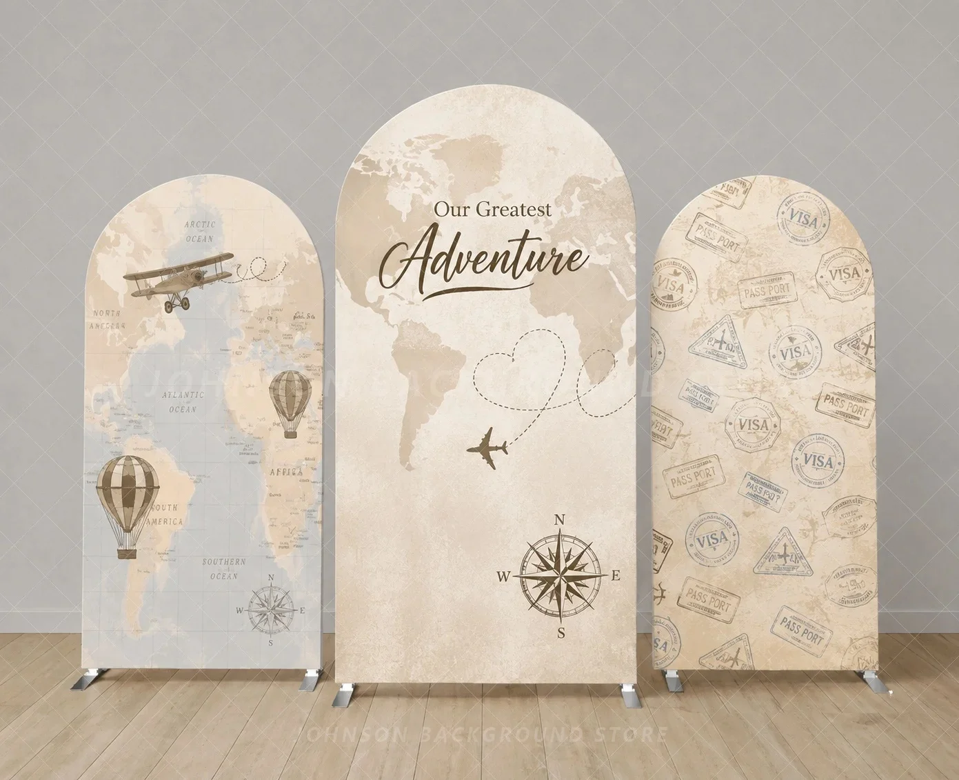 Travel Adventure Arch Backdrop Cover World Map Airplane Hot Air Balloon Passport cloud Three Panel Travel Party Background