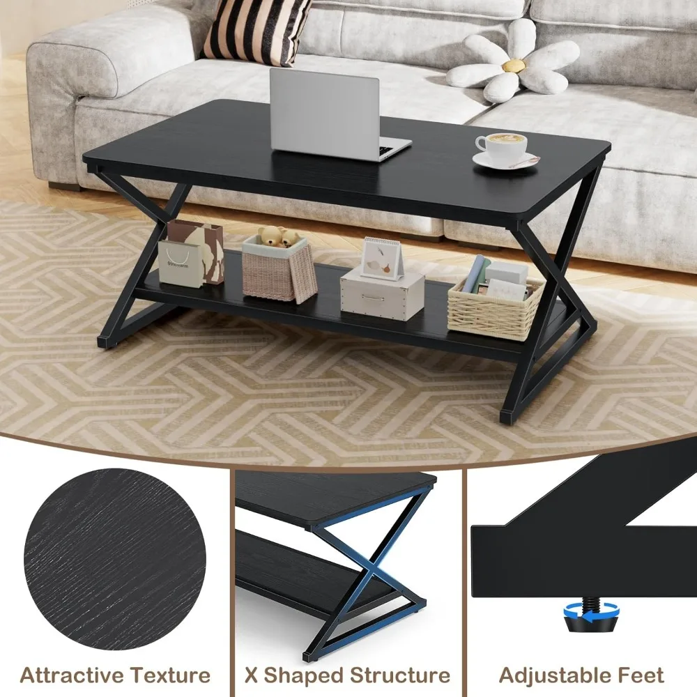 طاولة قهوة مستديرة حديثة وبسيطة مع رف تخزين، طاولة مركزية لغرفة المعيشة مصنوعة من المعدن الخشبي على الطراز الصناعي #4