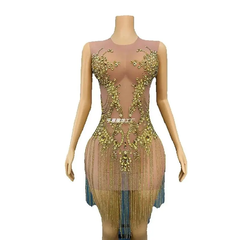 2025 Black Rhinestone Fringe Dress Women Stage Costume Sexy Short Dresses Party Show Rave Outfit Nightclub Ds Gogo Dancewear yk