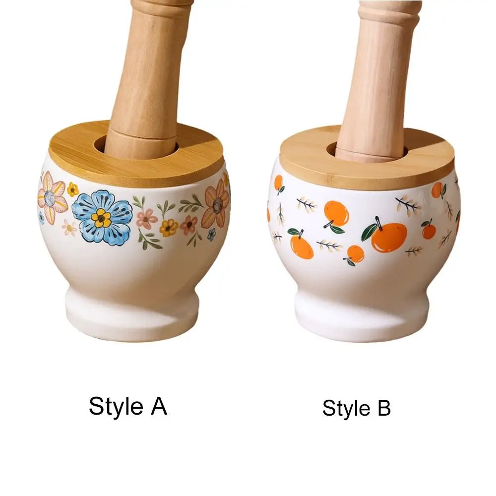 Garlic Pounder Ceramic Ceramic Mortar Labor Saving Flower Pattern Garlic Mortar Internal Thread with Lid Manual Mortar Kitchen