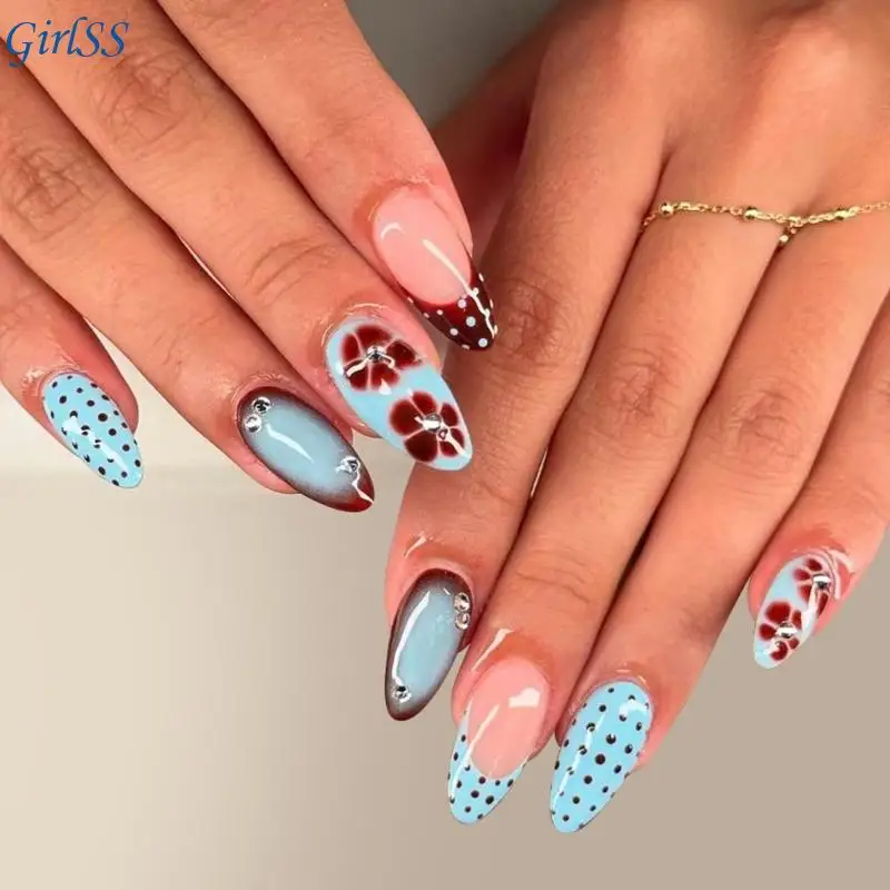 أنيقة الأزرق الأزهار الصحافة على الأظافر 24 قطعة صالون نمط الأظافر الاصطناعية لمناسبات الحفلات مريحة ارتداء اليومي T4MB