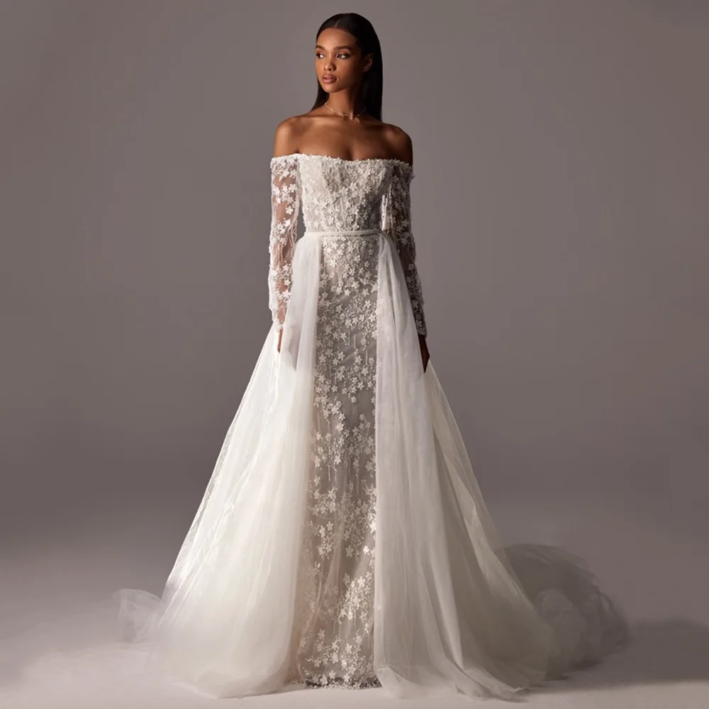 

Boho Wedding Dresses White Mermaid Off-the-shoulder Luxury Wedding Gowns for Women 2024 Bride Lace Long Sleeves Bridal Dress