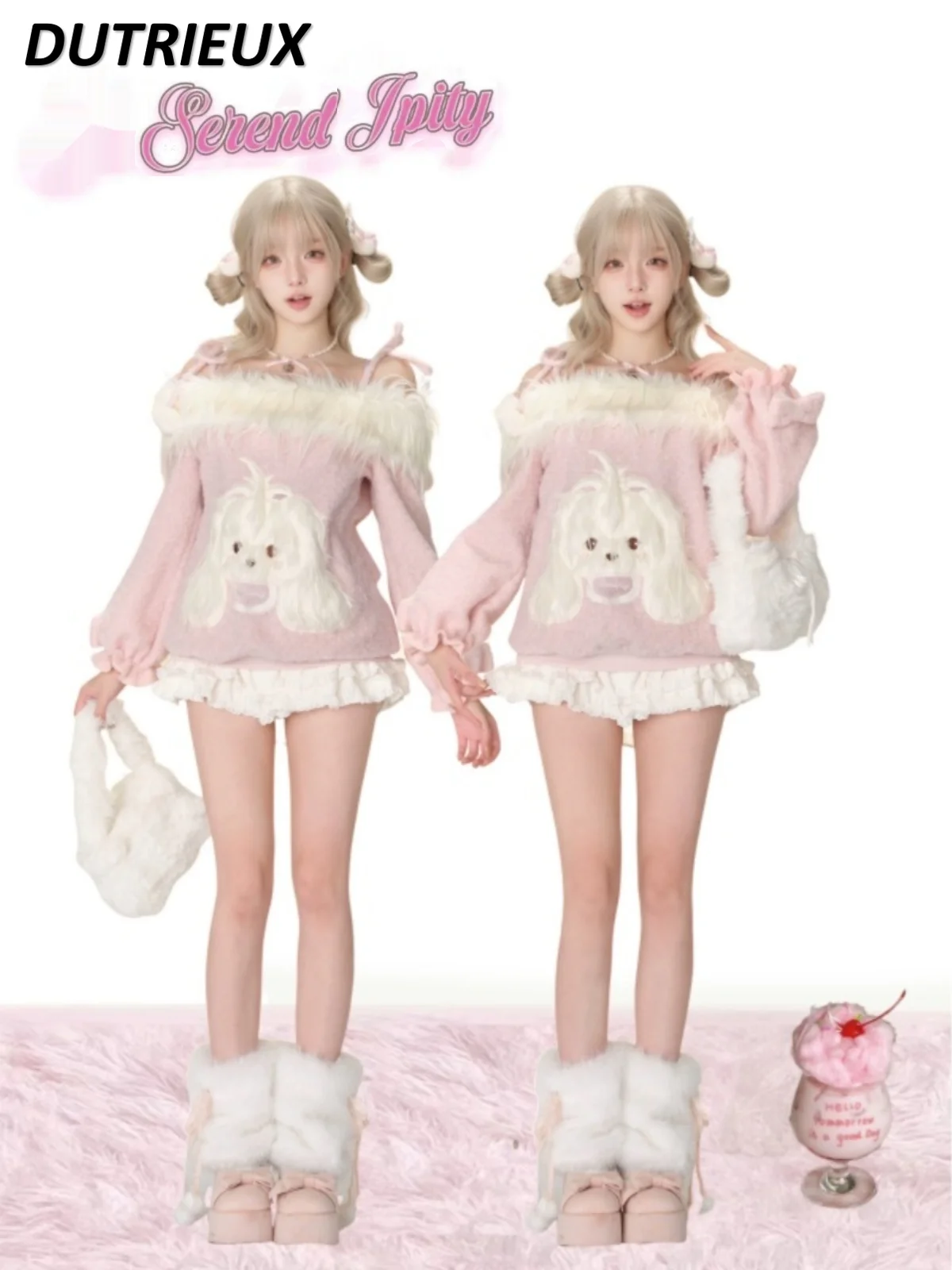 

Women's Two-piece Set Sweet and Cute Girl Pink One Shoulder Splicing Plush Sweater Top Autumn Winter Top and Skirts Suit