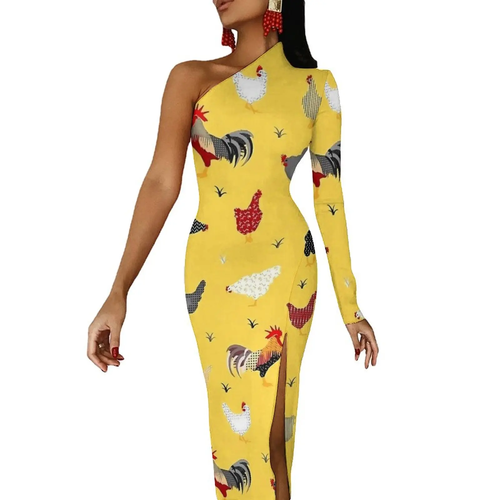 Chicken Farm Maxi Dress One Shoulder Animal Print Trendy Bodycon Dress Autumn Streetwear Long Dresses Women Design Vestidos