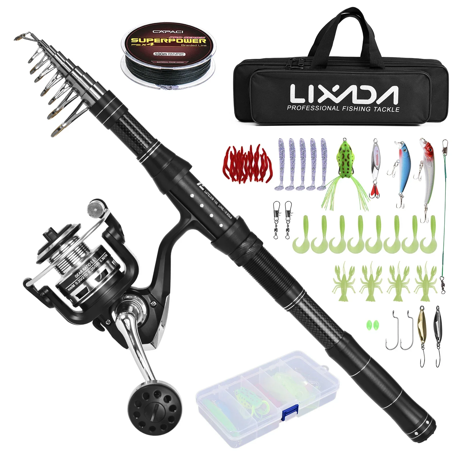

Fishing Rod and Reel Combos Telescopic Fishing Pole w Spinning Reel Combo Kit Fishing Line Lures Hooks Set with Carry Bag