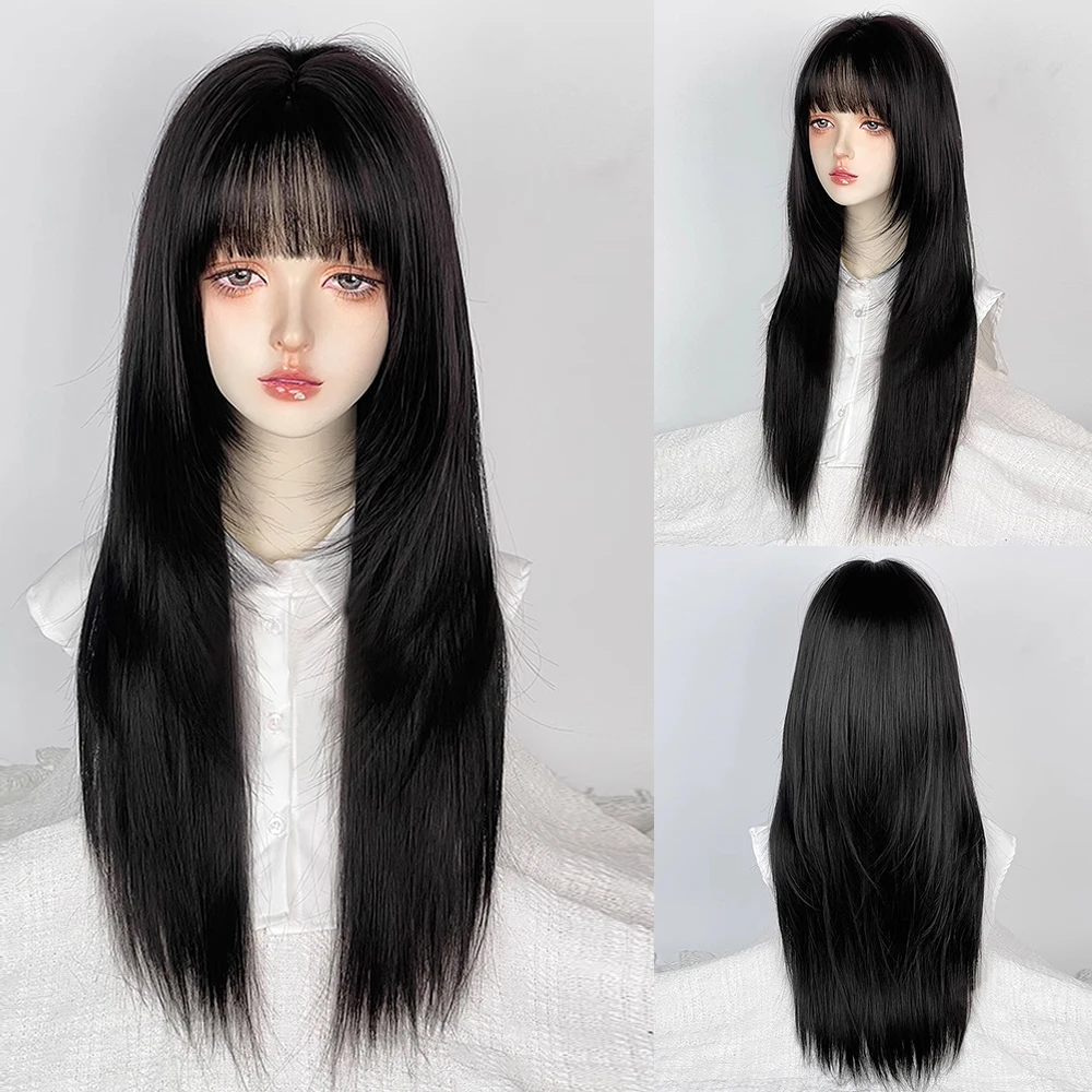 

Black Long Straight Women Synthetic Layered Wigs with Bangs Heat Resistant Fluffy Lolita Cosplay Wig for Daily Party