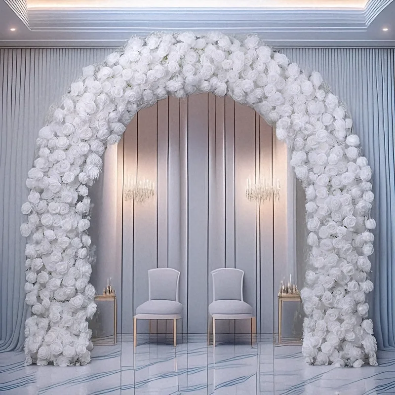 

240Cm Dense White Rose U Shaped Double Sided Silk Arch For Wedding Proposal Stage Backdrop Decor