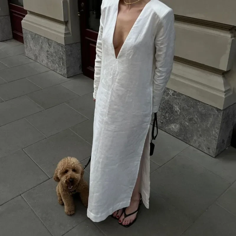 V Neck Slit Vacation Boho Dress Streetwear Elegant France Cotton Loose Long Dress for Women Casual Fashion White Long Sleeve
