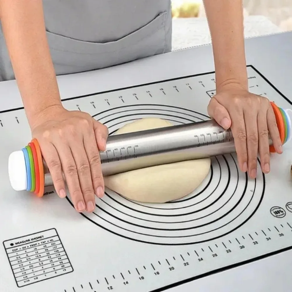Stainless Steel Rolling Pin and Silicone Mat Set, Adjustable Thickness Rings, or Only Baking Mat/Dough Roller with Measurement