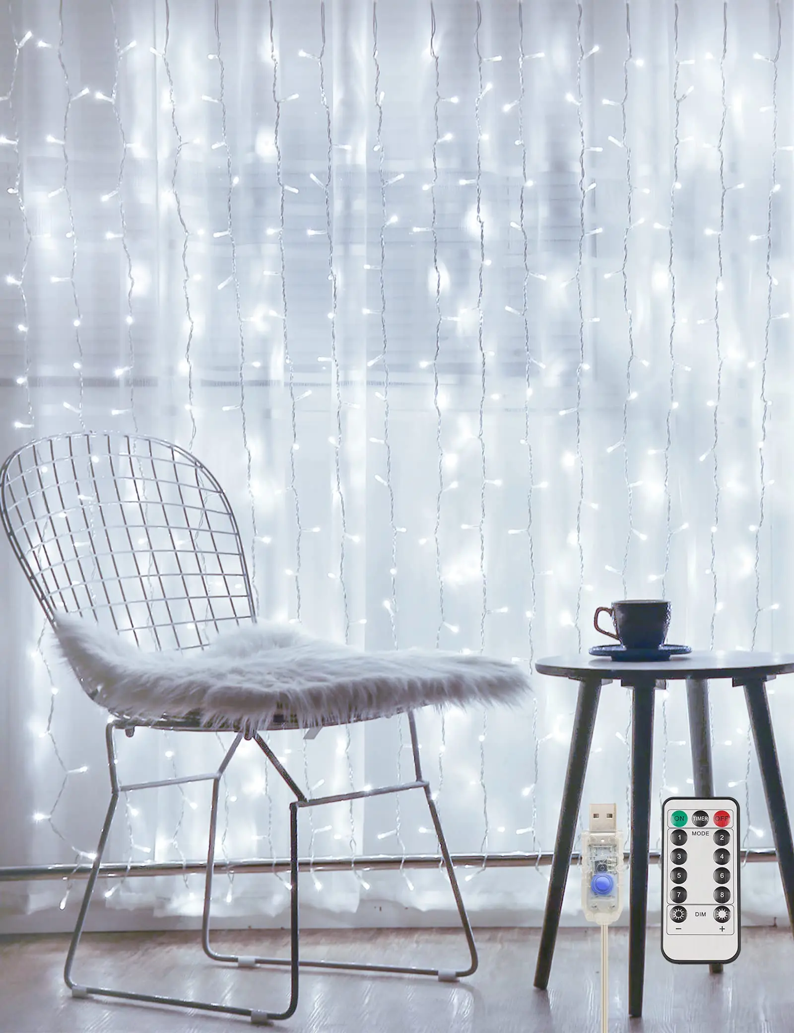 White Curtain Lights for Bedroom Wall, 300 Led Twinkle Lights with Remote 8 Modes Timer, USB Plug-in String Lights for Wedding, Party, Backdrop, Birthday, Window Decorations, (9.8ft*9.8ft)