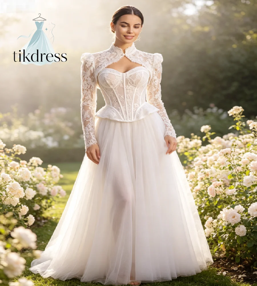 Elegant Fairy Boho Wedding Dress Peplum Drop Waist Medieval Celtic Bridal Gowns Floor Length Tulle Lace Beach Bohemian Bolero