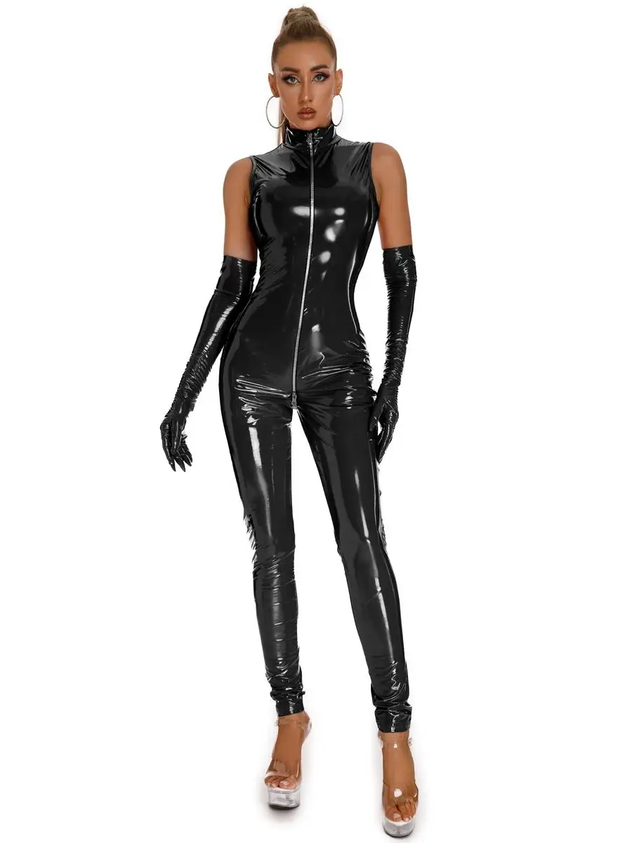 New Unisex Sleeveless Wet Look PVC Catsuit Shiny PU Leather Long Zipper Bodysuit Tights Hot Leotard Conjoined Jumpsuit Unitard view 4