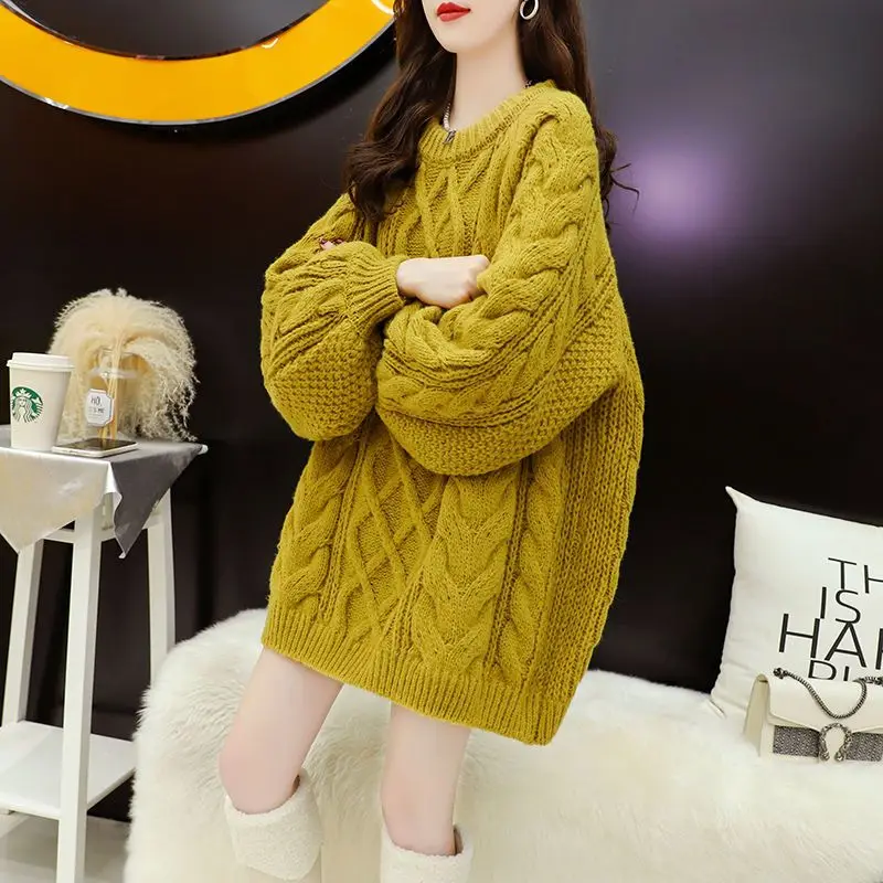 Wholesale Plus Size Thick Thread Cable-Knit Sweater Women\'s Mid-Length 2024 Loose and Lazy Style Knitted Coat Top