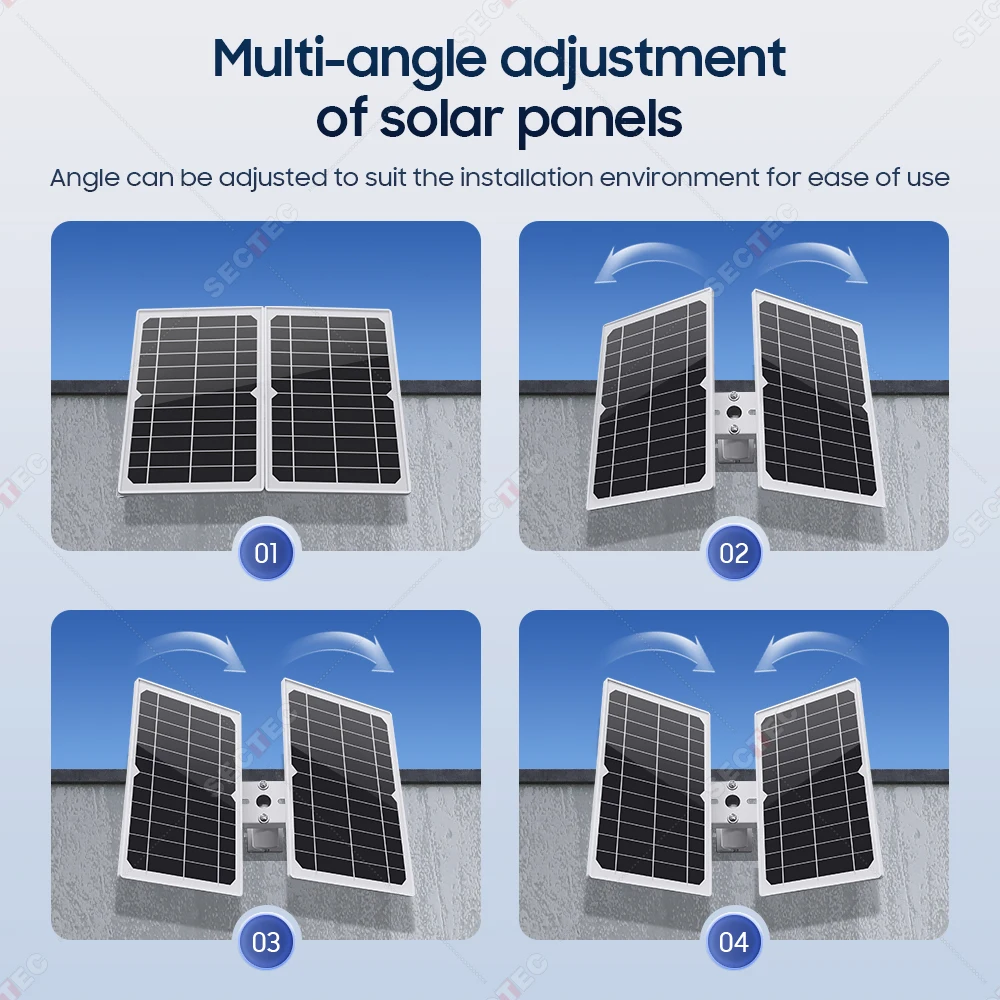 SECTEC 태양광 배터리 레드 블루 알람 투광 조명 PTZ 카메라, 야외 와이파이 태양광 보안 카메라, 가정 감시, 4G SIM 카메라, 20W