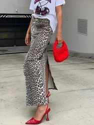 Leopard Print Split Denim Skirt Women 2024 New High Waist Pocket Straight Midi Skirts Streetwear Fashion Office Lady Long Faldas