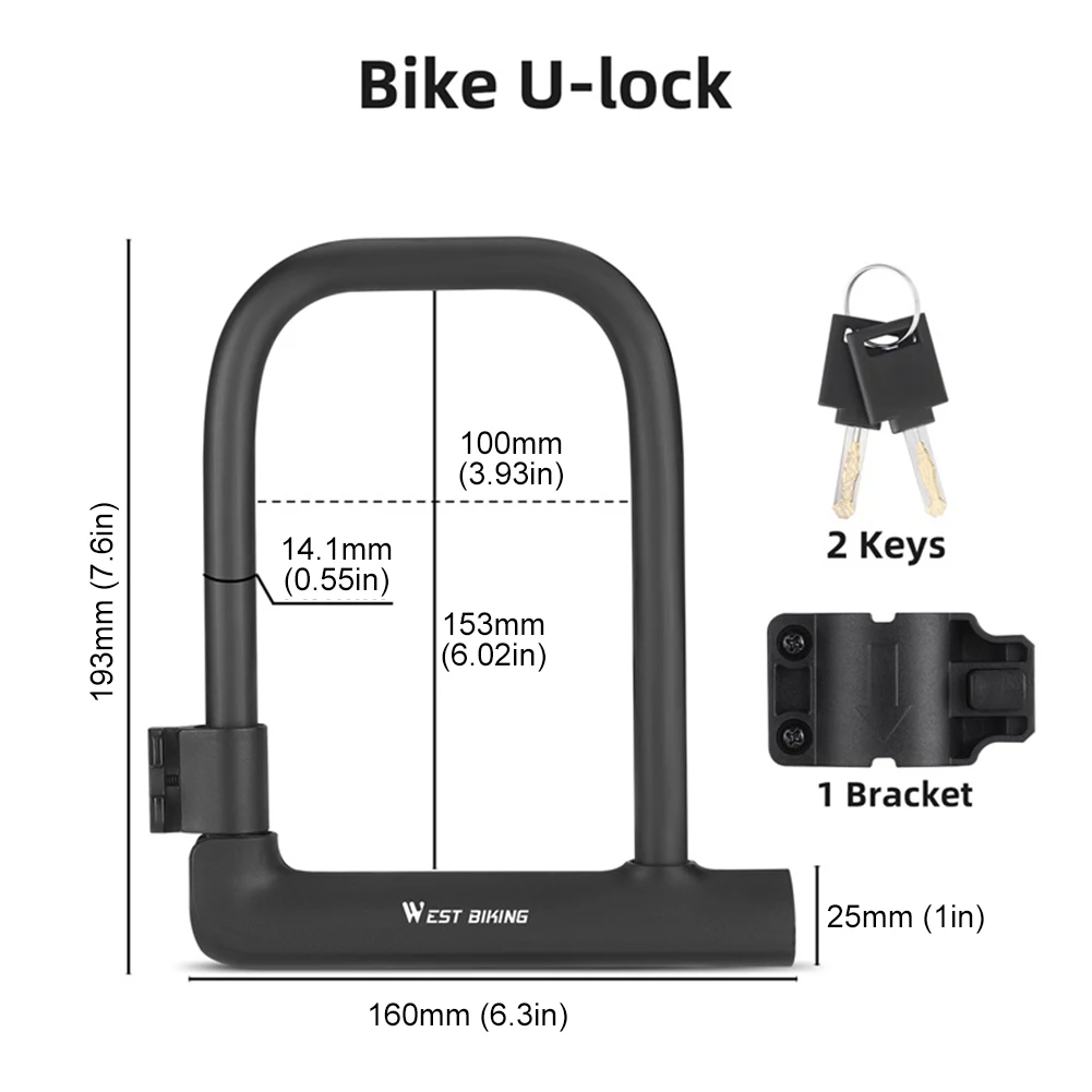 WEST BIKING Bicycle U-Lock Portable Anti-theft Safety Lock MTB Road Bike Padlock Motocycle Scooter with 2 Keys Bike Lock Cycling