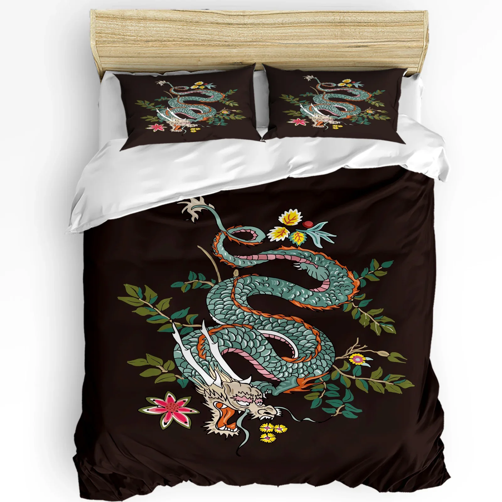 

Dragon Flower Green Leaves Printed Comfort Duvet Cover Pillow Case Home Textile Quilt Cover Boy Kid Teen Girl 3pcs Bedding Set