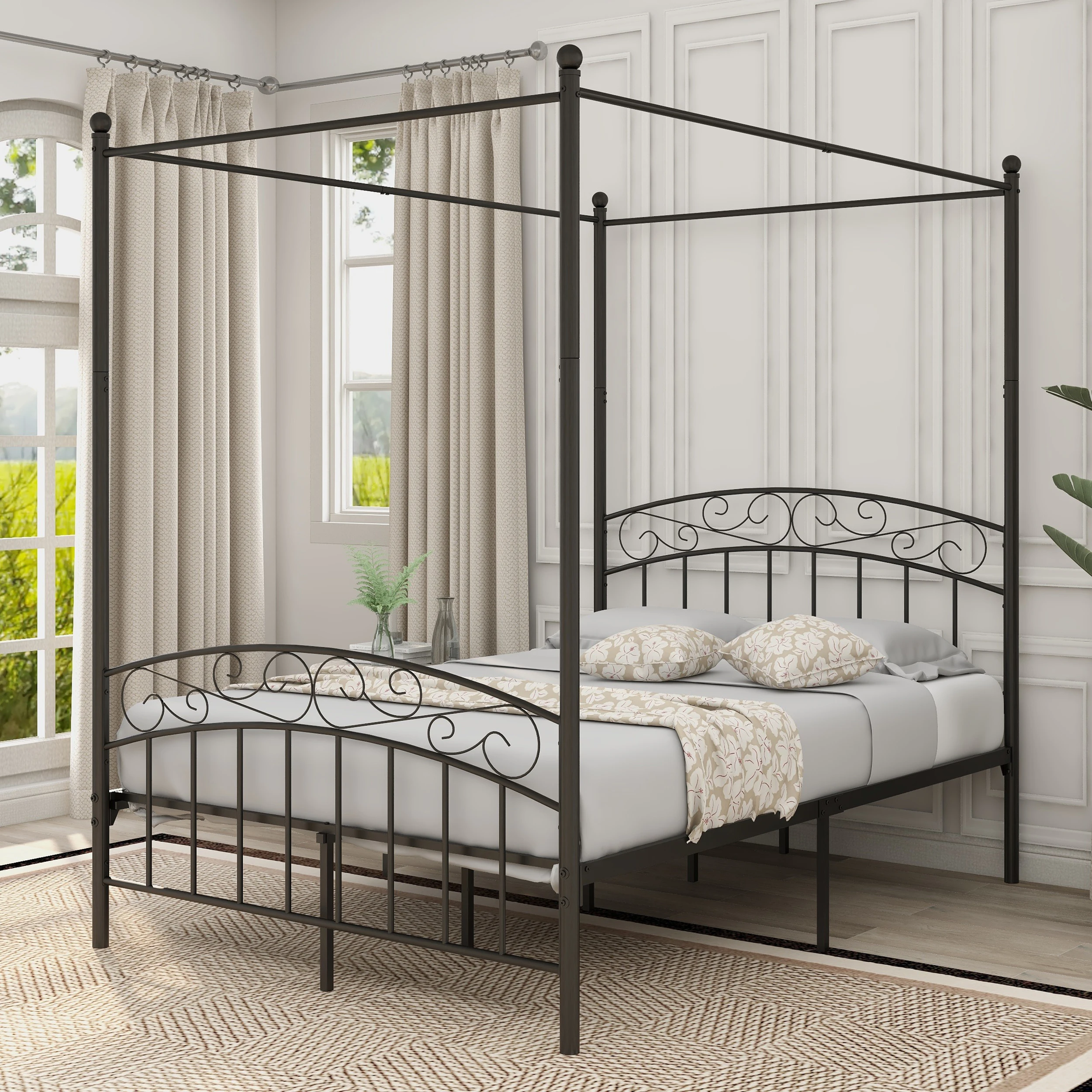 Canopy Bed Frame Black Full Size Four-Poster Metal Platform Bed With Headboard And Footboard Sturdy Heavy Duty Steel Slat Suppor