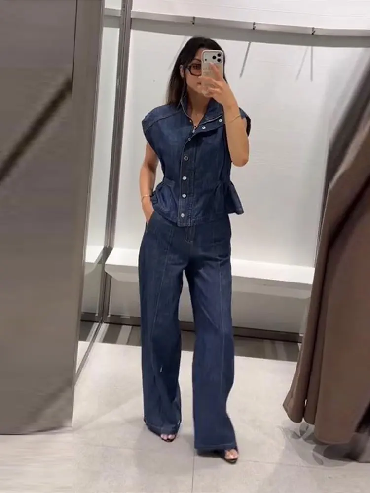 Ärmelloses Jeanswesten-Hosen-Set für Damen mit elastischem Bund, Stehkragen-Oberteil mit Knopfleiste und gerader Hose – Schickes Streetwear-Outfit für die moderne Dame – Detail 18