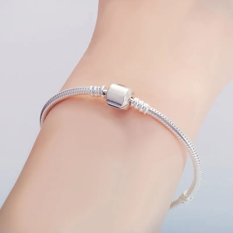 Original Sterling 17/18/19cm Silver-Plated Snake Chain Bracelet Secure Heart Clasp Beads Charms Bracelet For Women DIY Jewelry