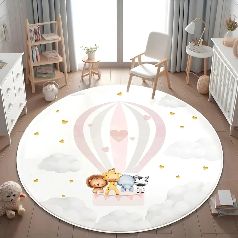 Cartoon Rainbow Unicorn Round Rug,Hot Air Balloon Wildlife Rug,Living Room Home Decor Sofa Rug Bedroom Bedside Rug Kids Play Mat