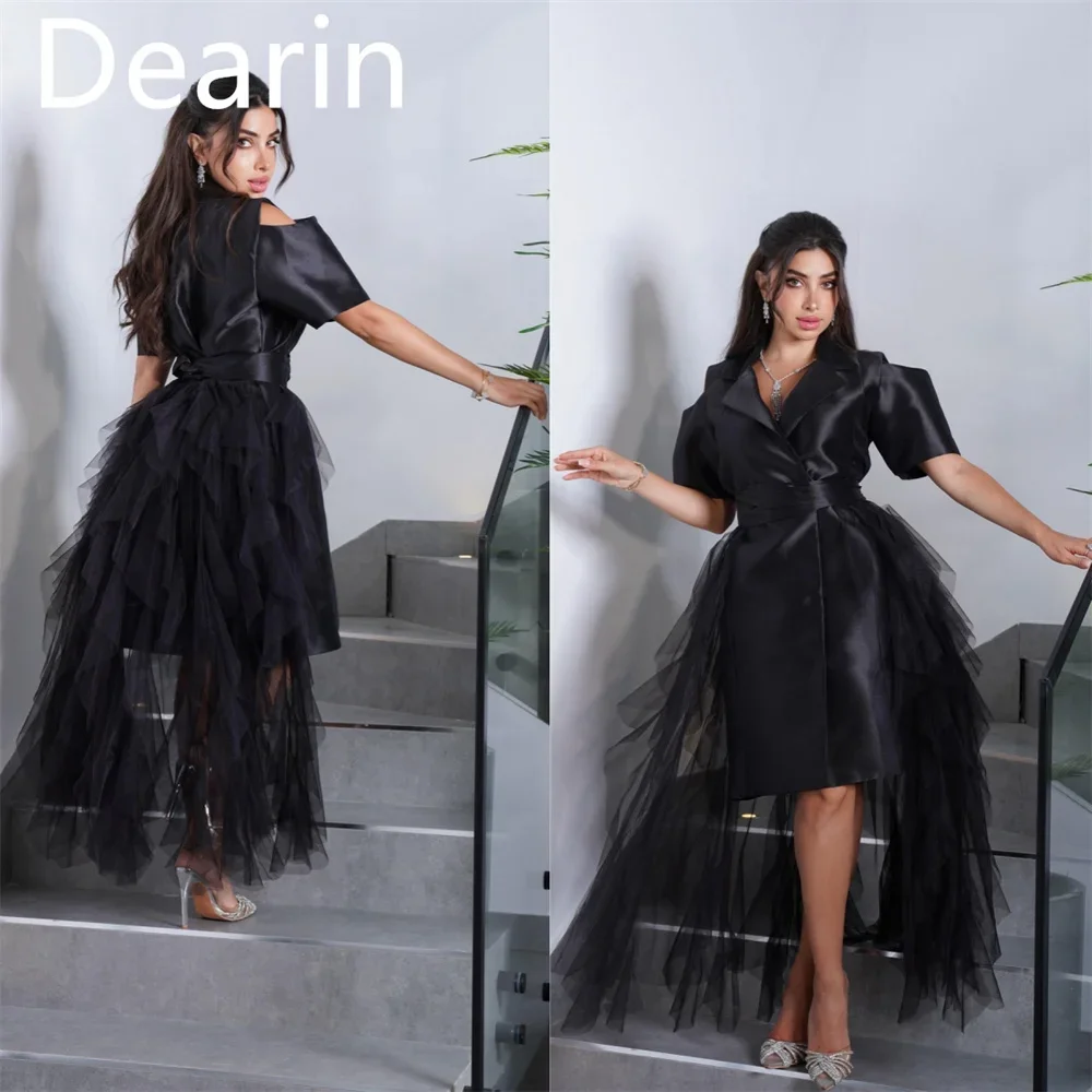 

Customized Prom Dress Dearin V-neck A-line Hi-Lo Length Skirts Tulle Bespoke Occasion Dresses Formal Evening Gown Saudi Arabia