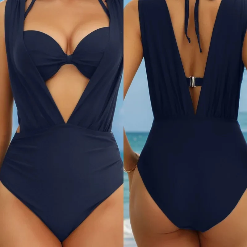

Сексуальное бикини с открытой спиной, модный женский однотонный бикини с высокой талией и рюшами, топ с завязками, цельный купальник с широкими бретелями, комплект
