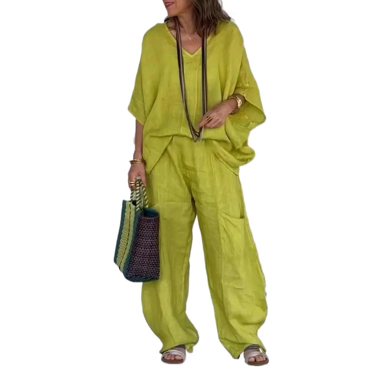 Set Pakaian Wanita Musim Semi Panas 2025, Warna Solid Katun Linen, Atasan Lengan Kelelawar Kerah V, Celana Kaki Lebar, Kasual Longgar, Set 2 Potong